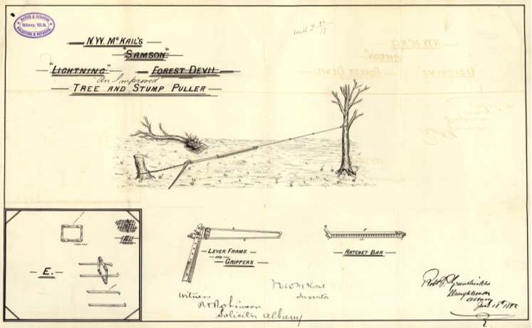 Dibujo a lápiz para una solicitud de patente para un diseño de un extractor de tocones y árboles mejorado, 1892.