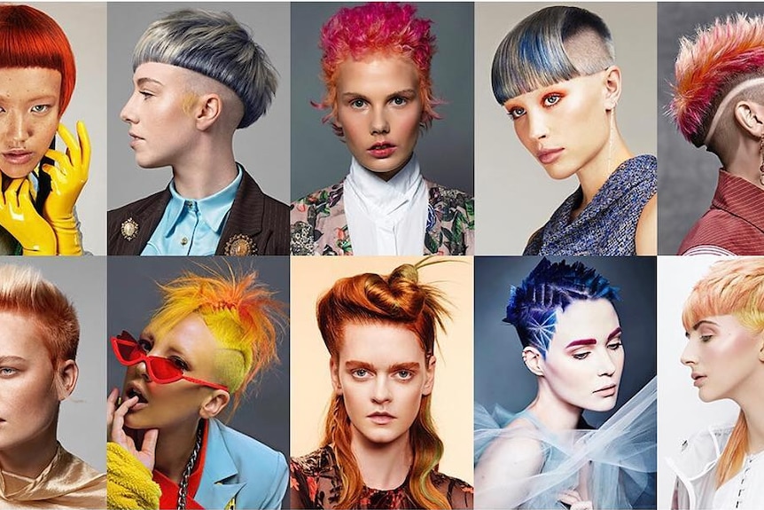 A collection of headshots featuring colorful and stylish hairstyles on various models