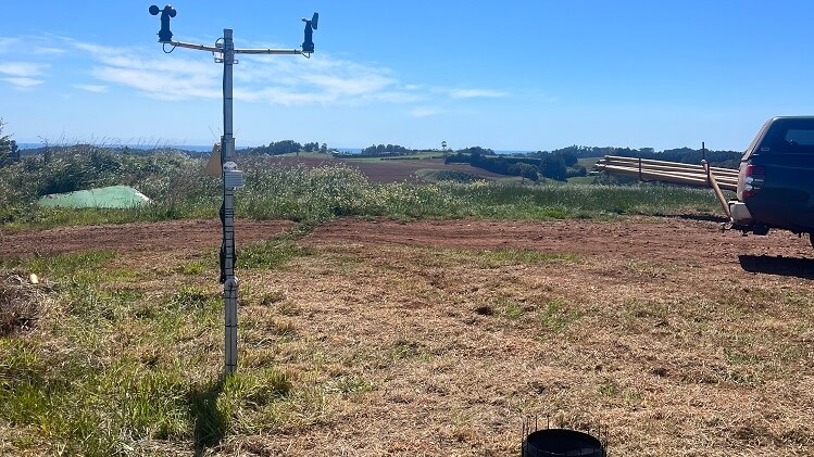 Weather measuring equipment set up on a north west Tasmanian farm to detail local weather coniditions