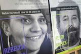 Two 'missing persons' posters with faces, one of a young woman smiling, the other of a bearded man.