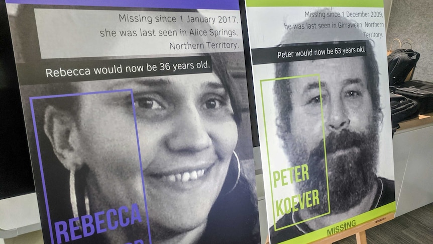 Two 'missing persons' posters with faces, one of a young woman smiling, the other of a bearded man.