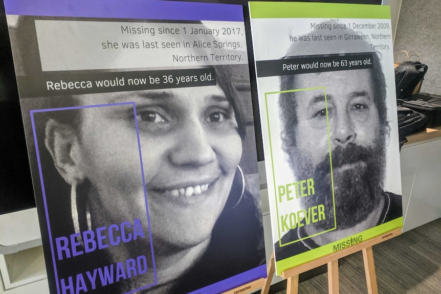 Two 'missing persons' posters with faces, one of a young woman smiling, the other of a bearded man.