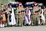 Bearer Parties carry the caskets of fallen soldiers Captain Bryce Duffy, Corporal Ashley Birt and Lance Corporal Luke Gavin.