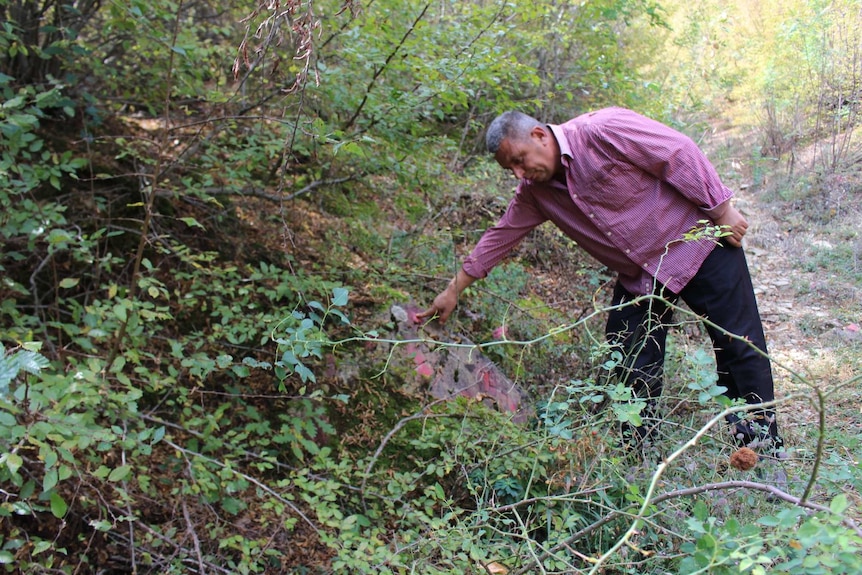 A middle-aged man points to a rock marked with red paint in a heath