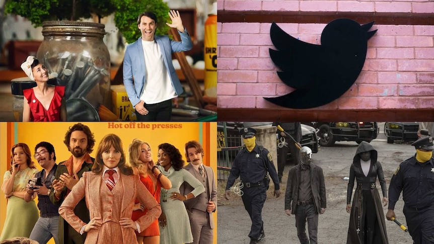 4 images: two people smile in front of a giant jar, a bird logo on a pink brick wall, the cast of Minx, a scene from Watchmen