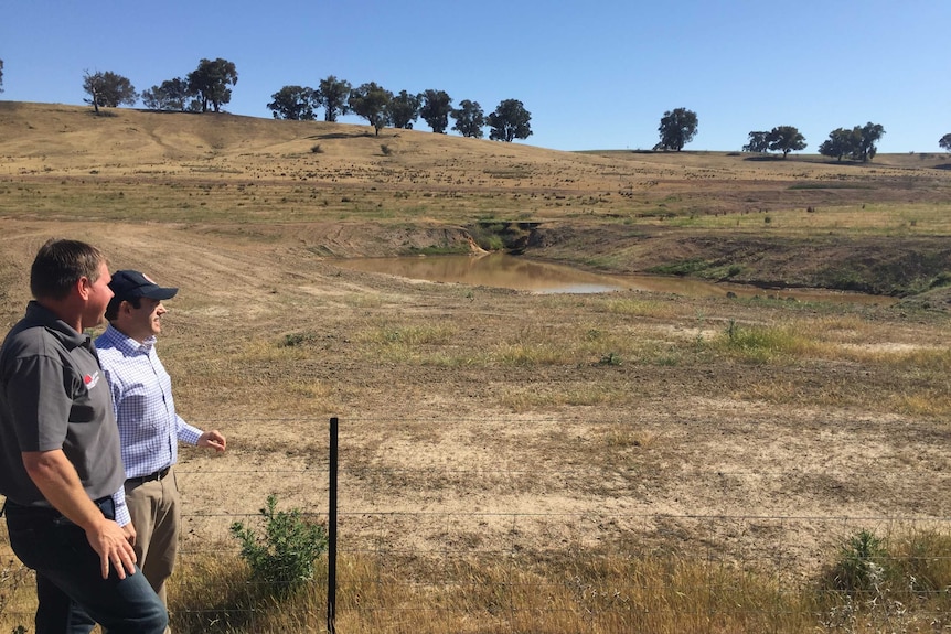 Jamie Armstrong and Tim Ferraro from the Soil Conservation service inspect an erosion rehabilitation project near Wagga Wagga