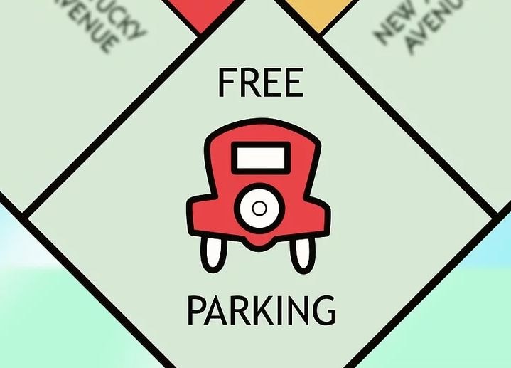 A graphic of a Monopoly board with a red car and the words 'free parking'.