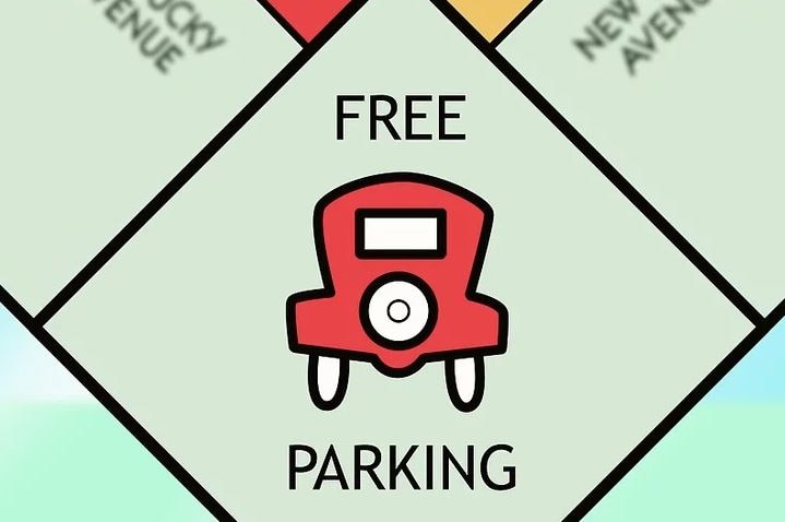 A graphic of a Monopoly board with a red car and the words 'free parking'.