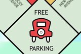 A graphic of a Monopoly board with a red car and the words 'free parking'.