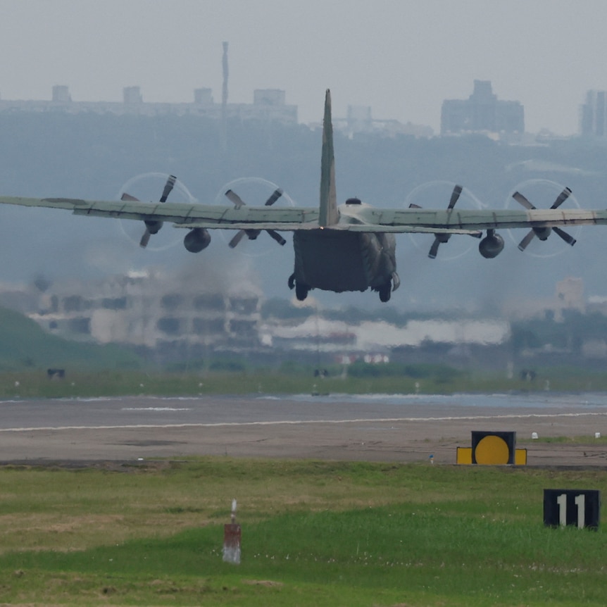 A Taiwan Air Force C-130 aircraft takes off at Hsinchu Air Base in Hsinchu