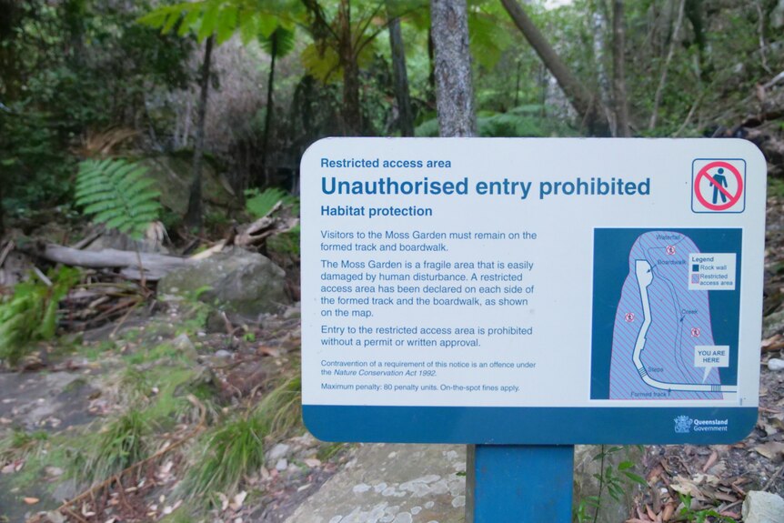 Unauthorised entry prohibited sign, rainforest and greenery behind.