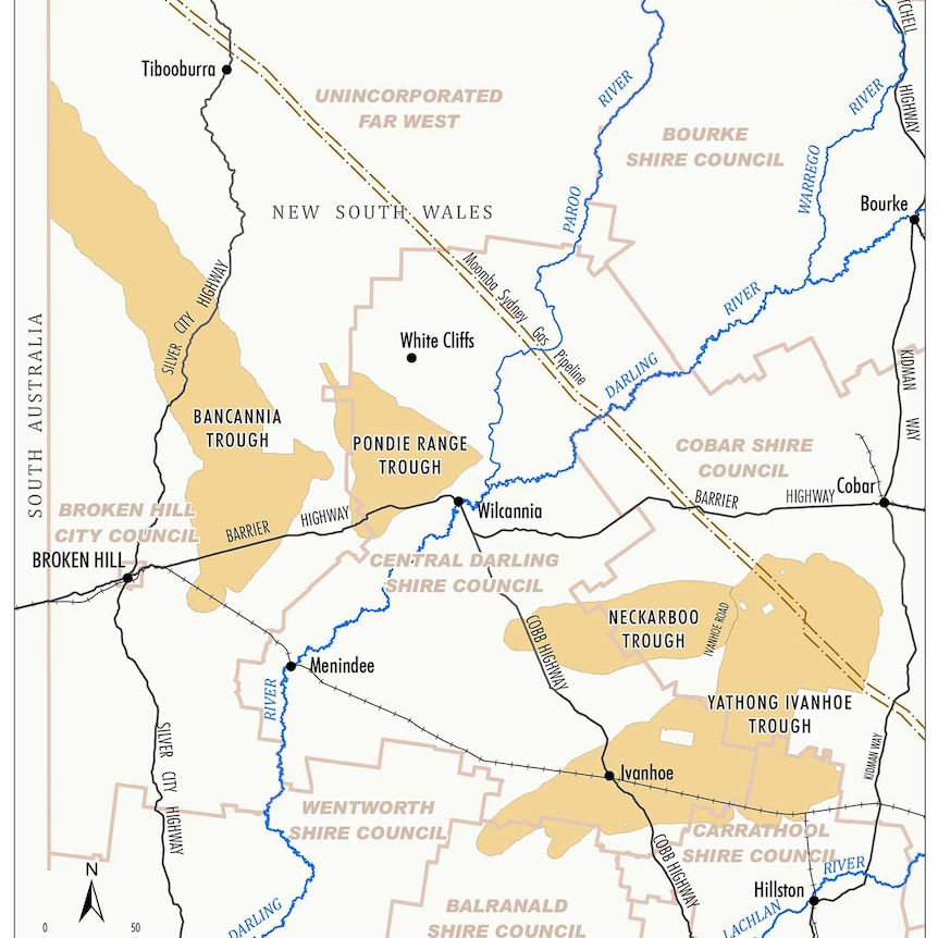 a map of the nsw far west with coal seam gas sites highlighted in brown