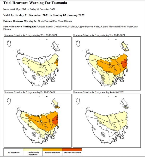 An example heatwave warning for Tasmania shows an overlay of colours on a map of the state.