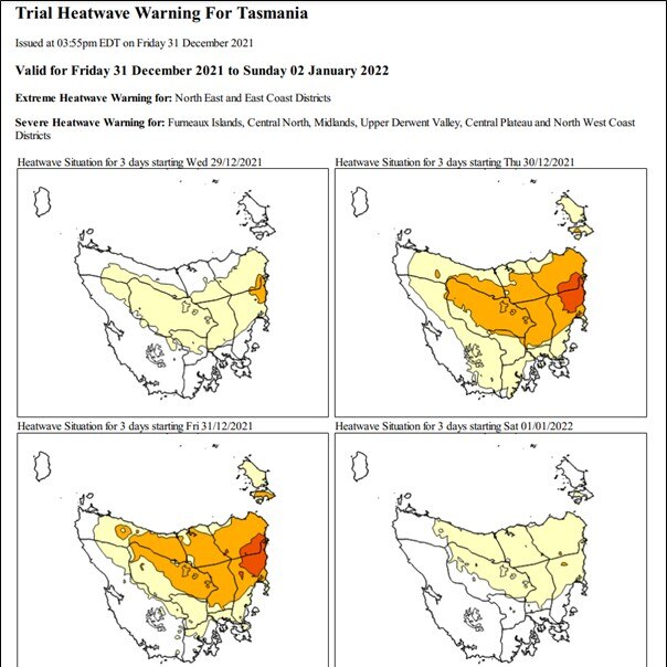 An example heatwave warning for Tasmania shows an overlay of colours on a map of the state.
