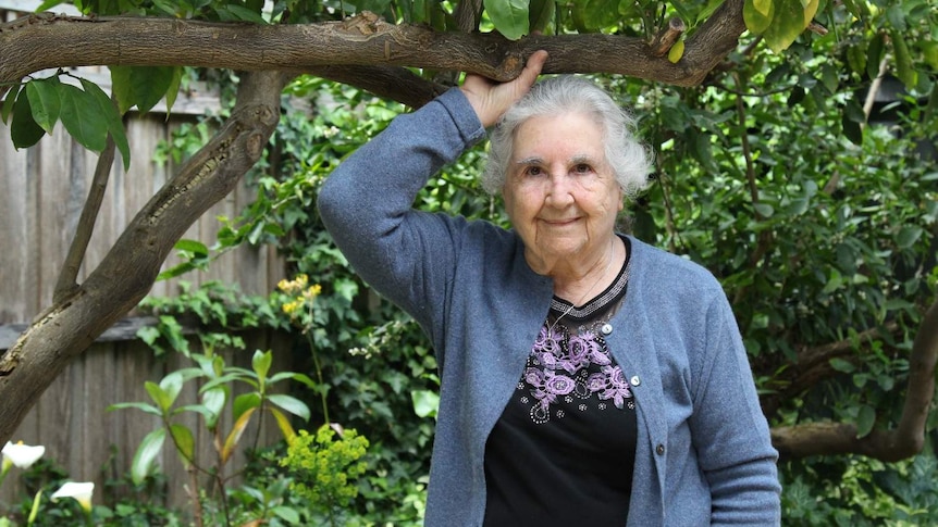 Kali Paxinos stands beneath an orange tree in a backyard with her right arm raised, holding onto a branch.