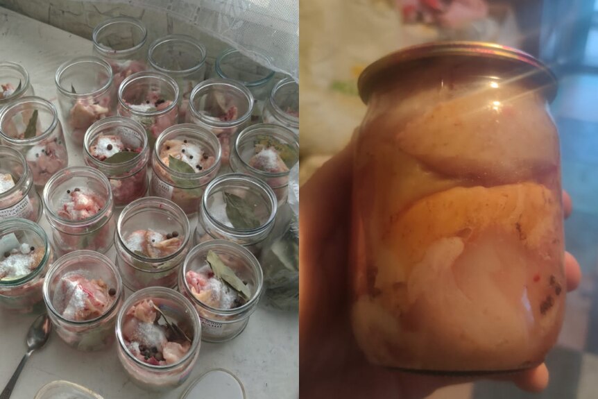 A composite of showing preserved meats being prepared in glass jars. 