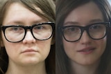 A composite image of Anna Sorokin and Julia Garner in character as her. Both are wearing dark rimmed glasses and look alike. 