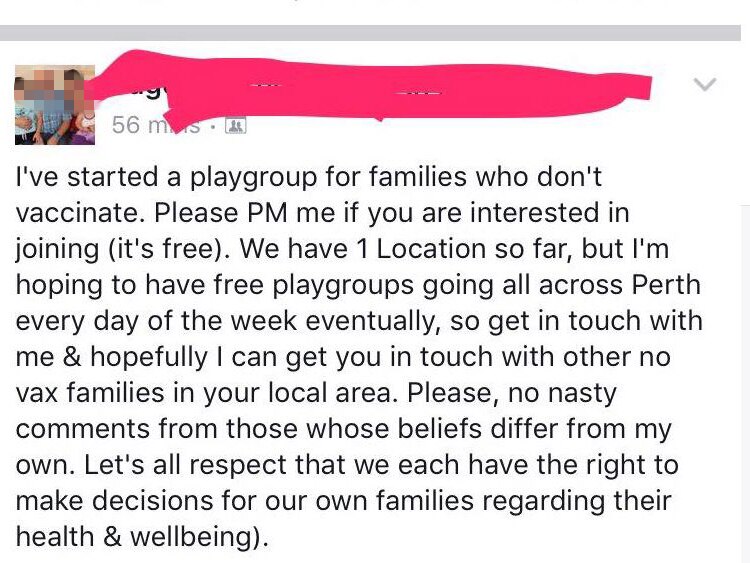 Screenshot of a Facebook post calls for parents interested in a no-vaccine playgroup to get in touch. Poster's name concealed.