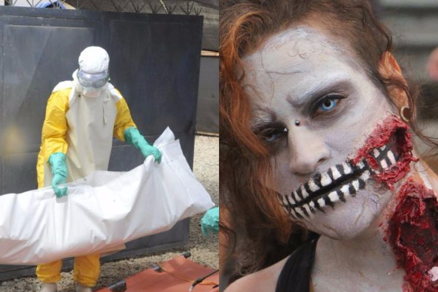 A health worker in West Africa helps carry a dead body, and a participant in Brisbane's Zombie Walk in 2015.