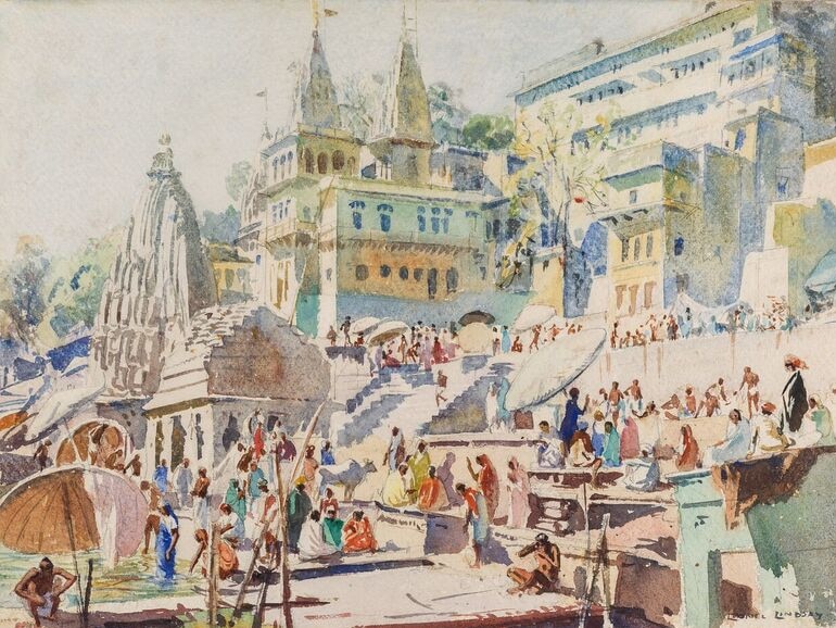 Watercolour painting depicting an Indian town