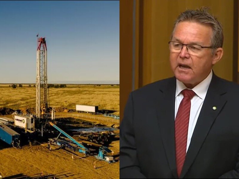 A composite photo of the CTSco site near Moonie and MP Colin Boyce giving a speech in parliament in February 2023.