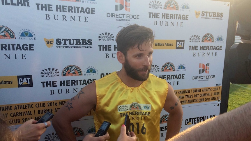 John Howe, winner of the 2016 Burnie Gift talks to reporters after the race.