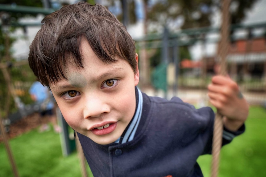 A close-up picture of a young boy with dark hair looking into the camera, with a blurred playground in the background.