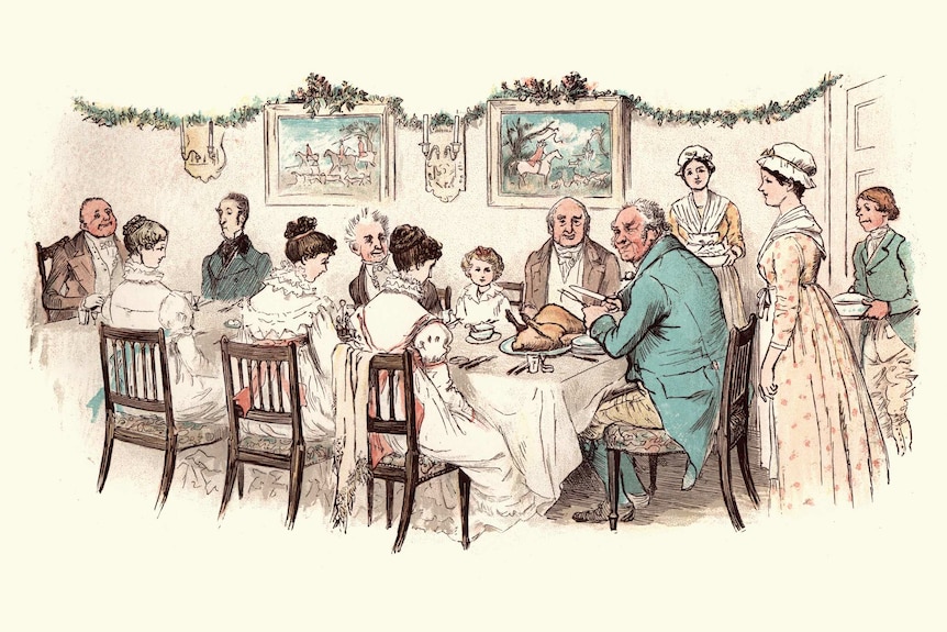 Drawing of maids serving a Victorian Christmas dinner to a large family.
