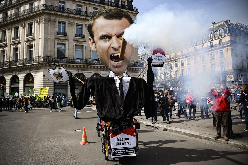A puppet depicting French President Emmanuel Macron