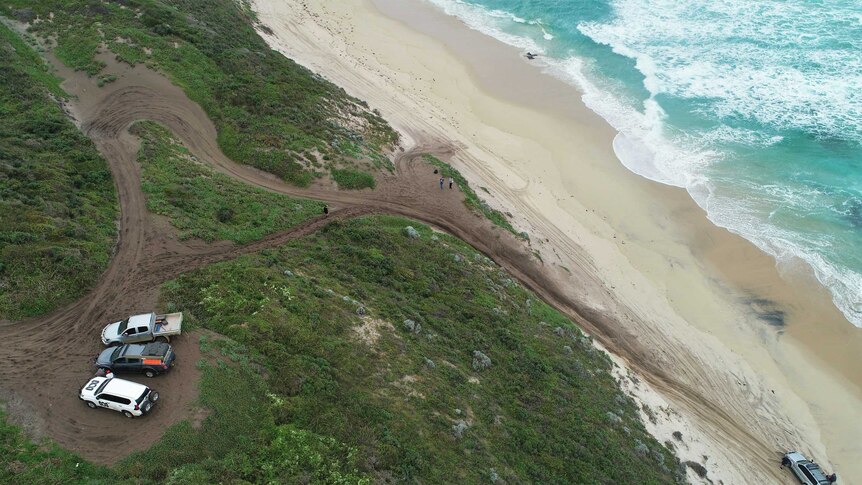 An aerial shot showing the track leading off Bornholm Beach.