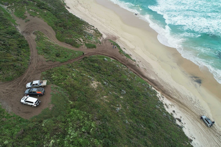 An aerial shot showing the track leading off Bornholm Beach.