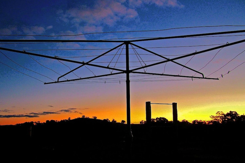 A Hills Hoist clothesline at sunset in Tumut.