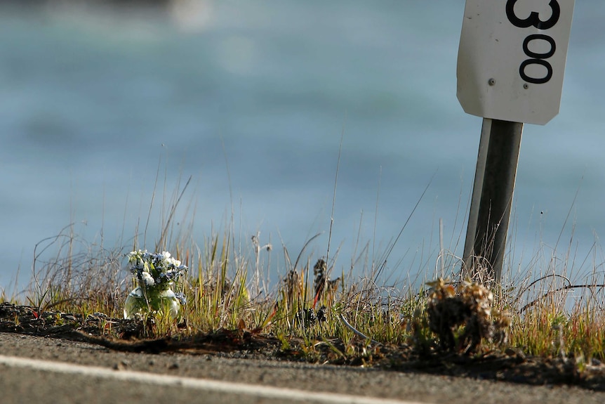 A small vase of flowers sits beside a mile marker on a coastal highway.