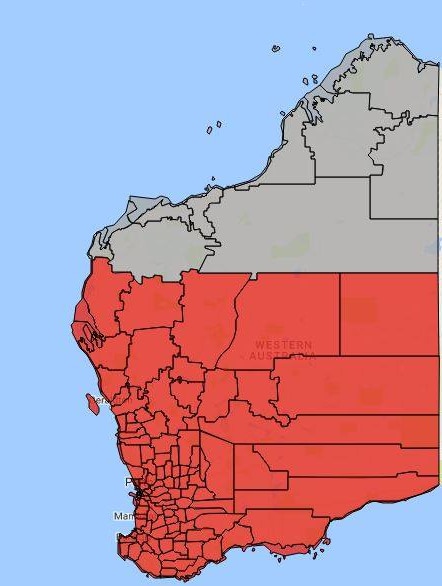 Map showing most of WA under total fire ban.