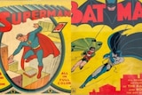 A composite image of a superman cartoon and a batman cartoon with robin in the background. 
