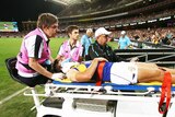 West Coast Eagles' Andrew Gaff is stretchered off against Port Adelaide at Adelaide Oval.