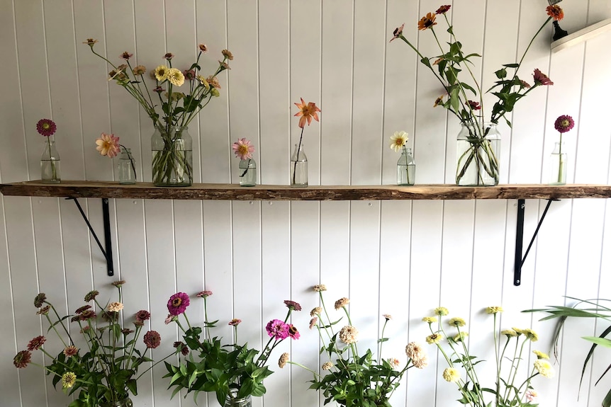 Sparse jars of flowers on two shelves.