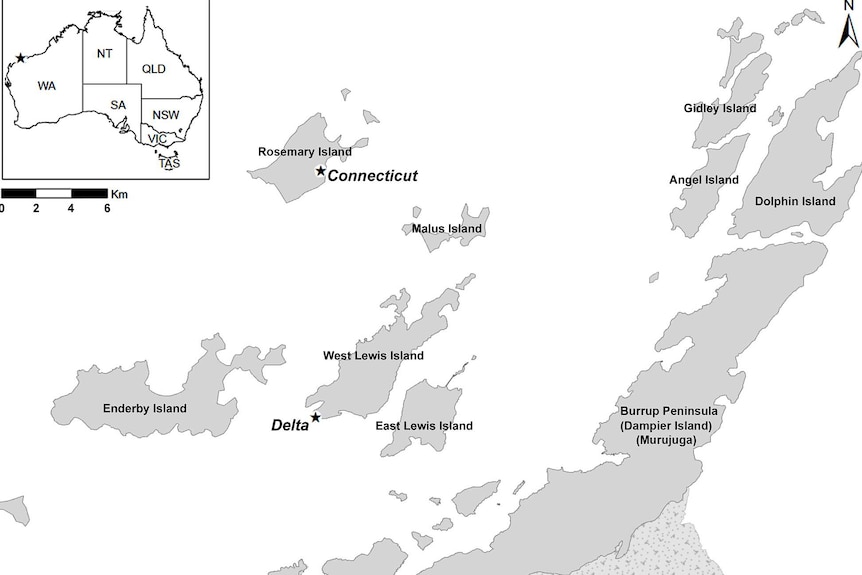 A map showing Rosemary and West Lewis Islands off the WA coast.