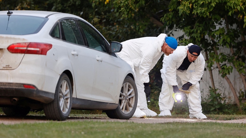Two mean wearing white jumpsuits peer at a footpath using a torch in front of a white car.
