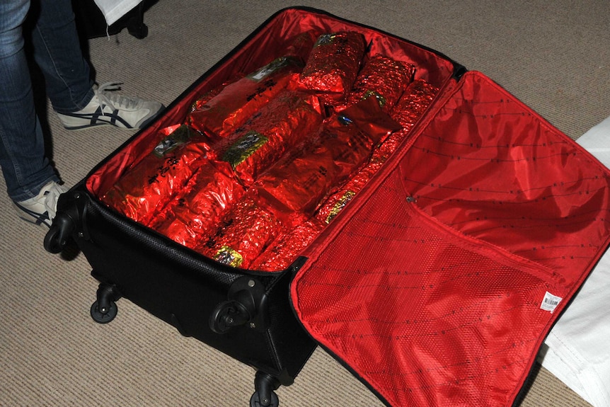 A suitcase lies opened on the ground stuffed with red tea packages.