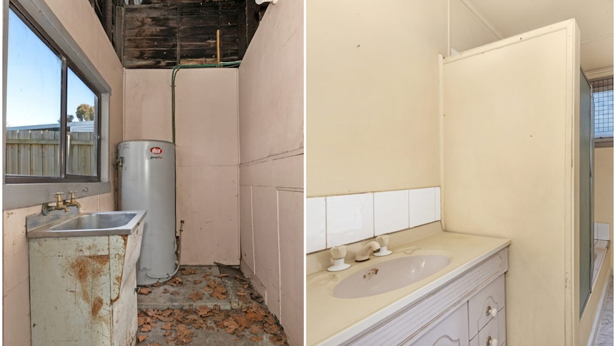 Leaves over the floor, rusted sink, water boiler, separate photo on right of bathroom with sink and shower 