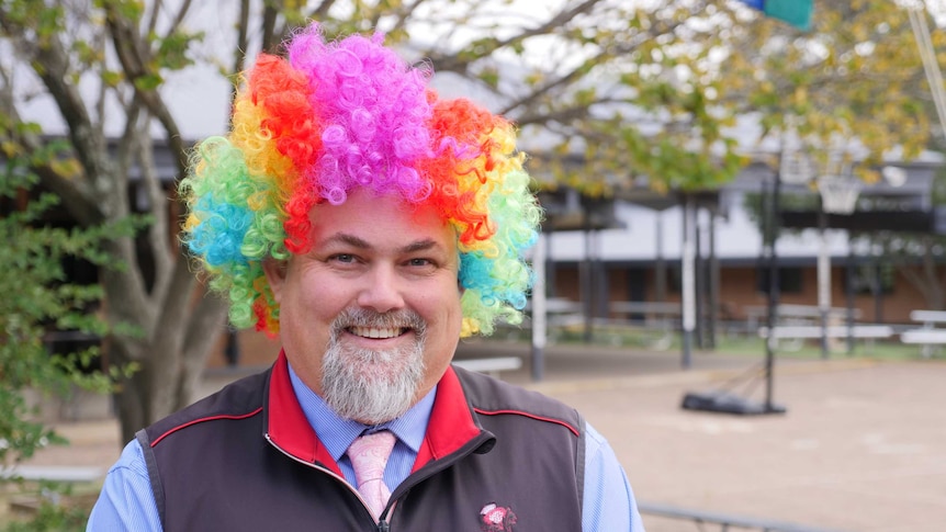 Man with grey goatee wears multi-coloured curly clown wig.