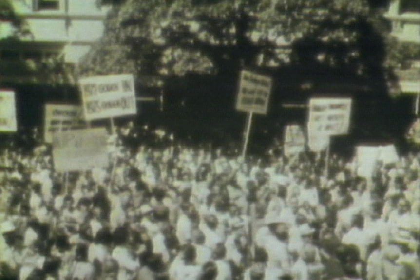 Black and white image of protest in Canberra