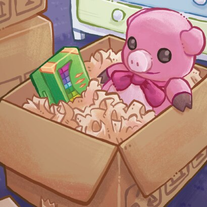A stuffed pig toy in a moving box on a bedroom floor, alongside other boxes and packing paper.
