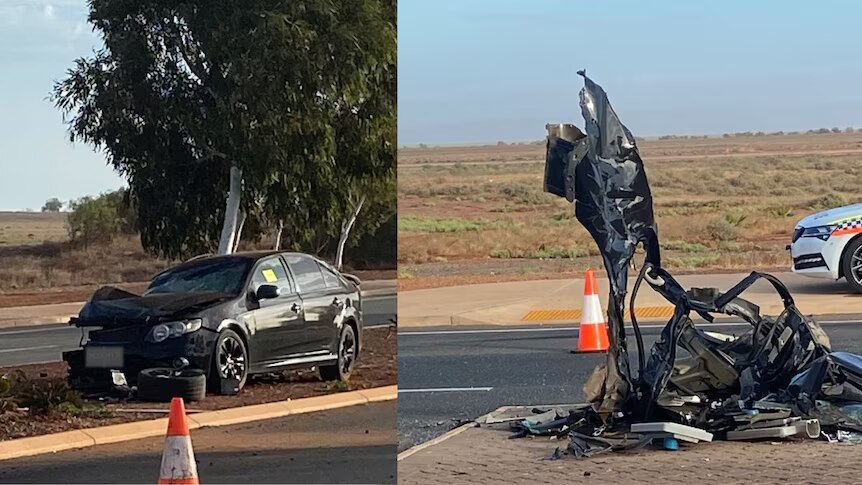 A side-by-side of a black crashed car and wreckage on a regional road.