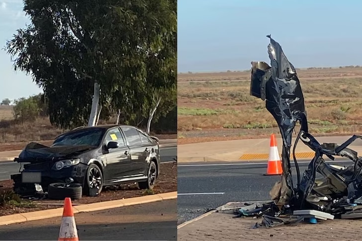 A side-by-side of a black crashed car and wreckage on a regional road.