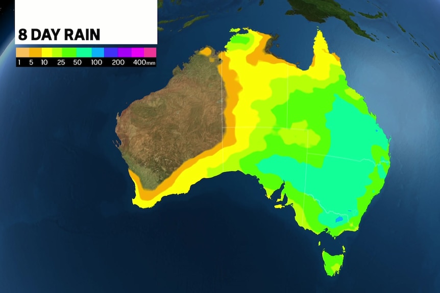 Green and blue over most of eastern Australia indicating over 25mm forecast