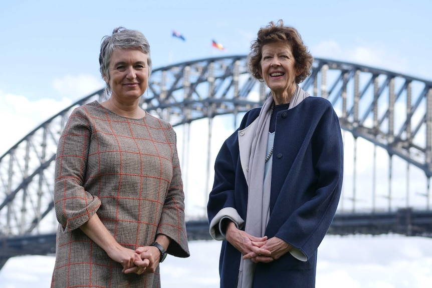Pia van de Zandt and Fiona Mitchell stand in front of the Sydney Harbour Bridge, May 2020.