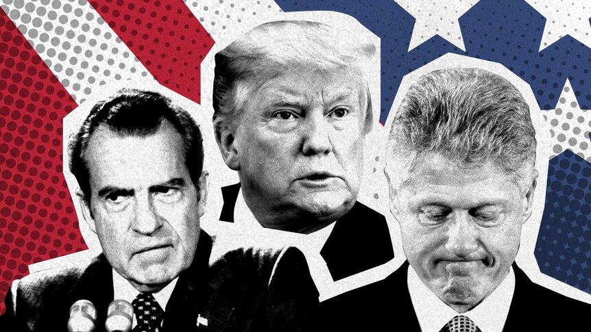 A composite graphic of US Presidents Richard Nixon, Donald Trump and Bill Clinton