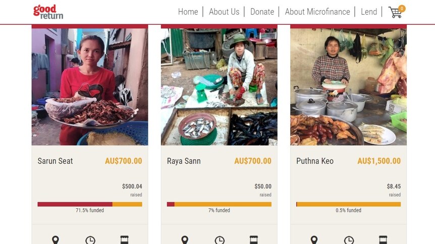 A page to donate funds for microloans to Cambodian women.